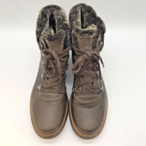 Clarks Glick Clarmont Khaki Ankle Boots Women's 8M Brown Fur Trim Lace Up Shoe - Picture 5 of 10